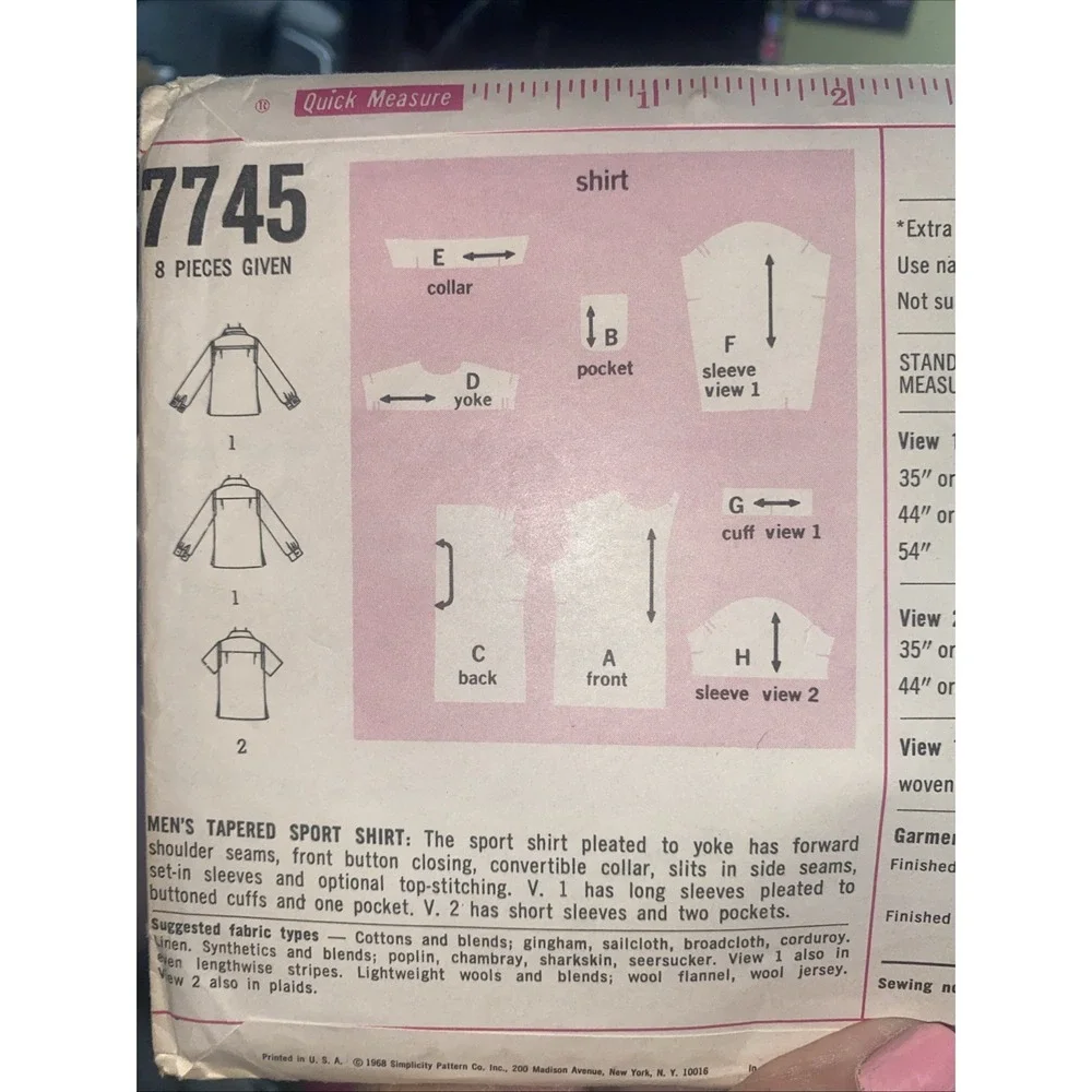 Vintage 1978 Simplicity Mens Tapered Button Front Shirt Pattern 7745 Size 16 Cut